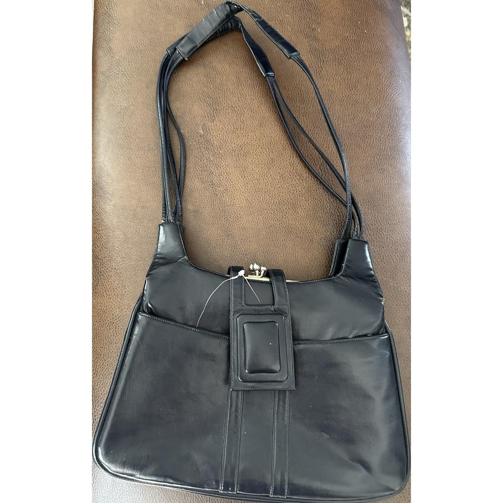 VINTAGE Black Shoulder Bag Gold Hardware LOW TABUER Red Lining Mirror Pockets